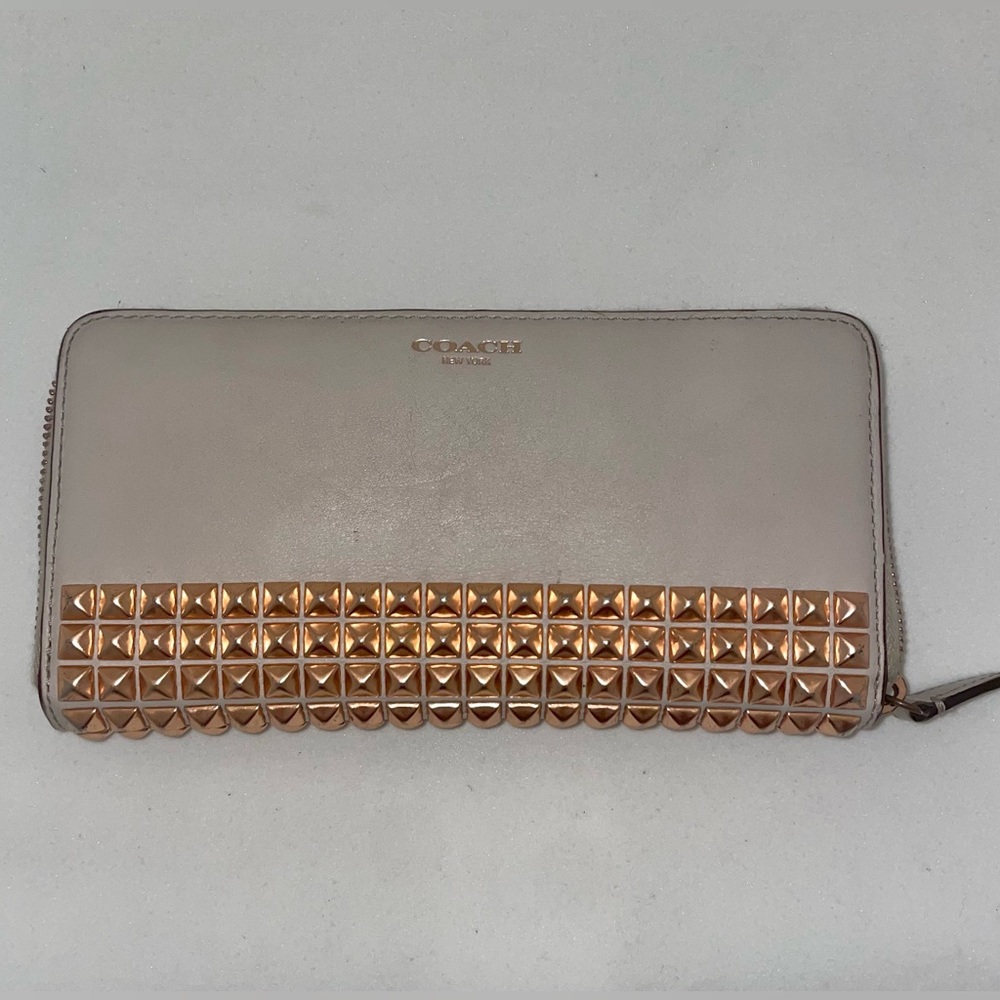 COACH Parchment Leather Zip Around Studded Wallet